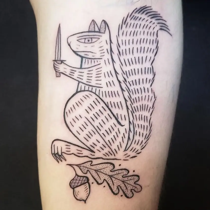 Artistic squirrel tattoo with oak leaf details