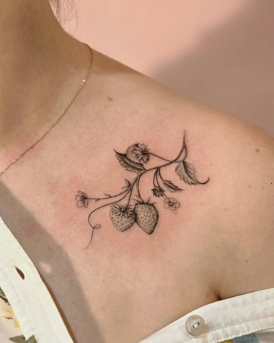 Charming Black Ink Strawberry Tattoo Design