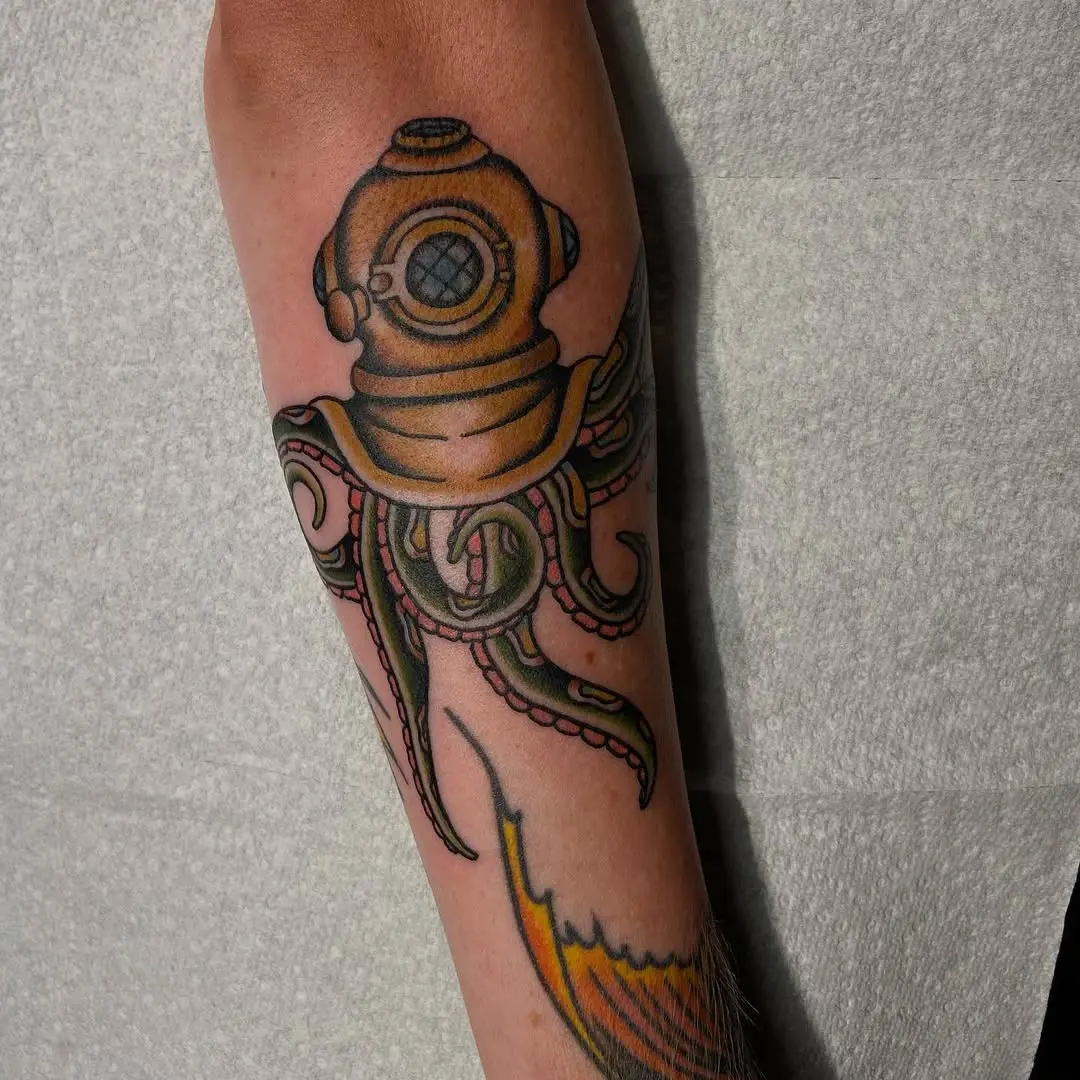 Stylish submarine diver and octopus tattoo design