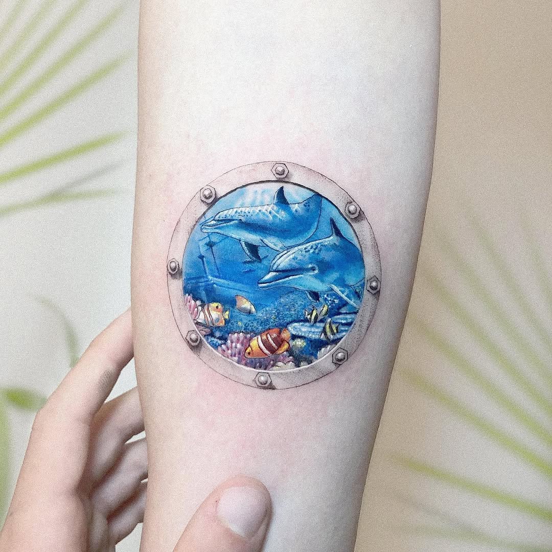 Vibrant submarine-themed tattoo showcasing marine life
