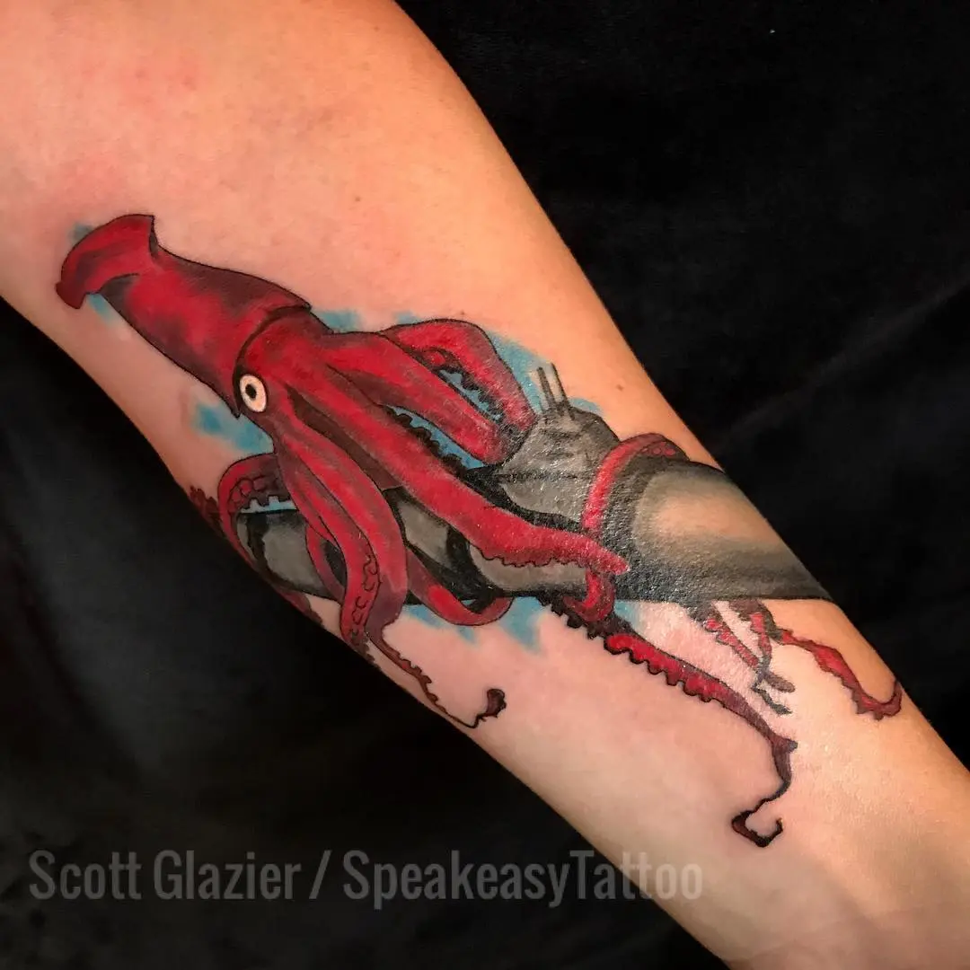 Bold submarine tattoo with vivid octopus design