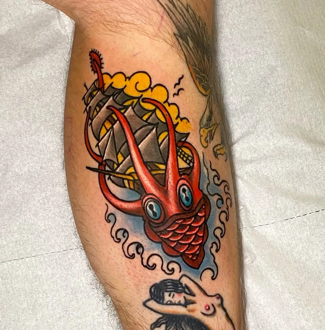 Unique squid tattoo with bold colors