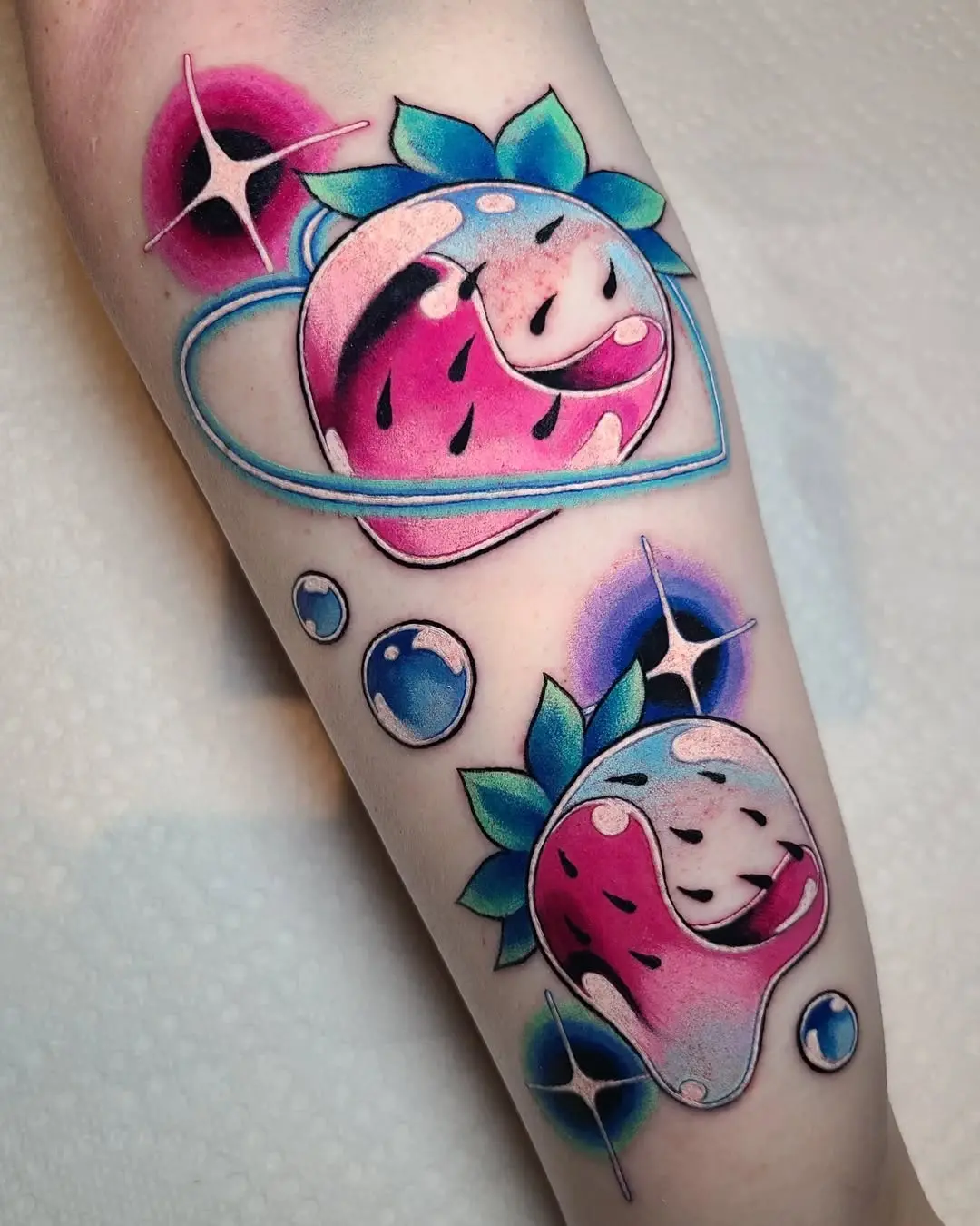 Colorful Neon Strawberry Tattoo with Fun Elements
