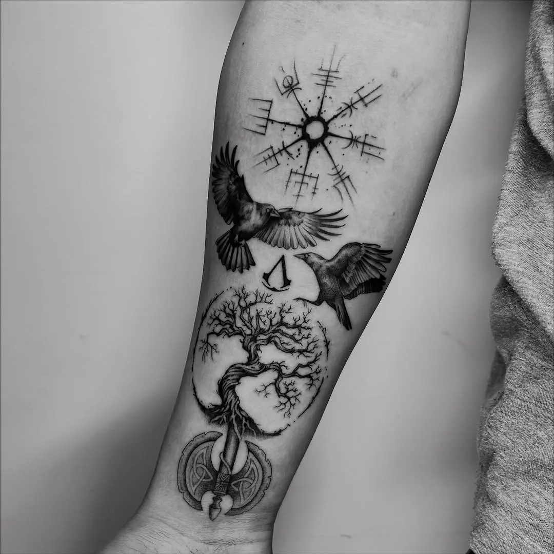 Symbolic Viking tattoo showcasing nature and mythology