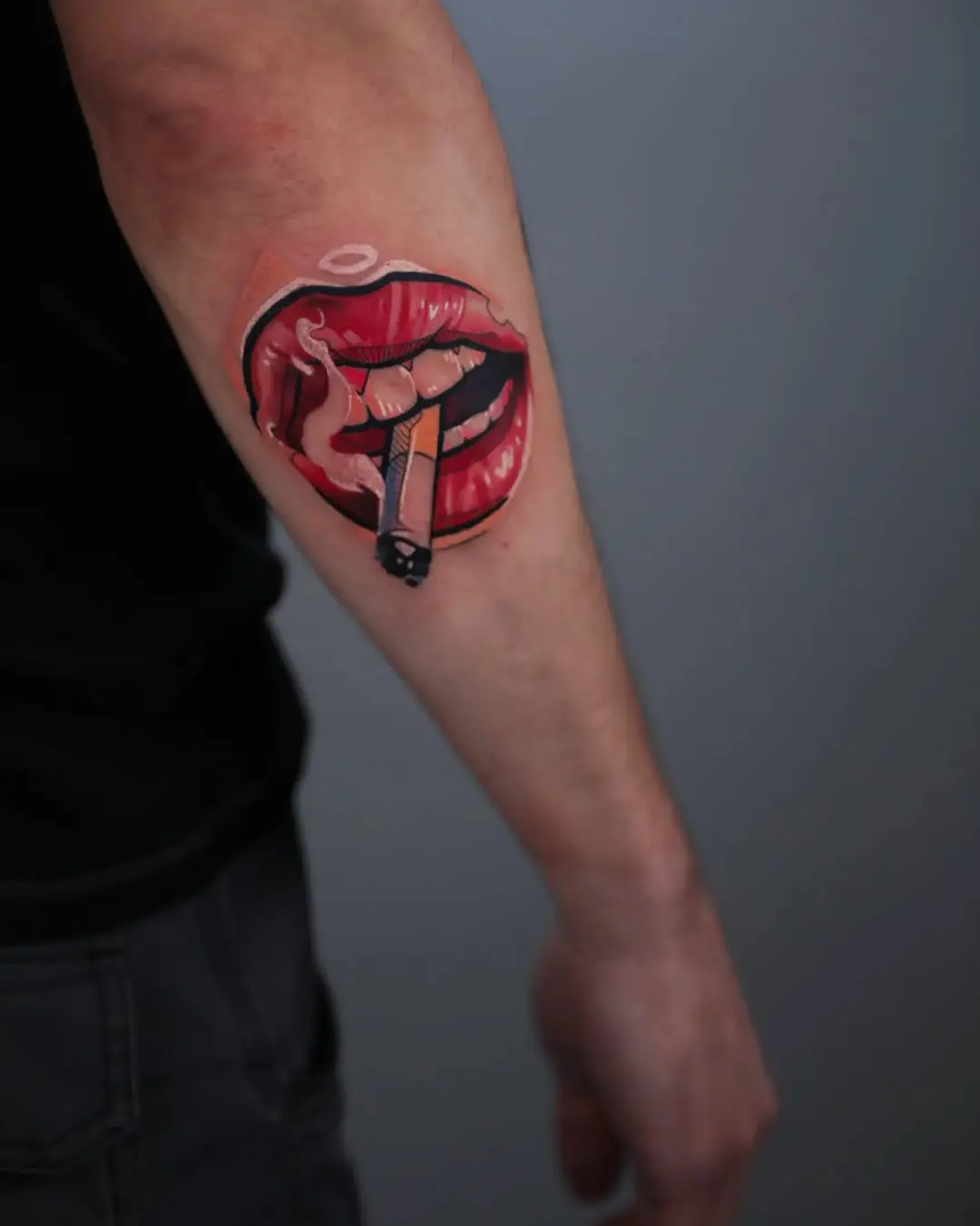 Bold Lip Tattoo with Cigarette Design