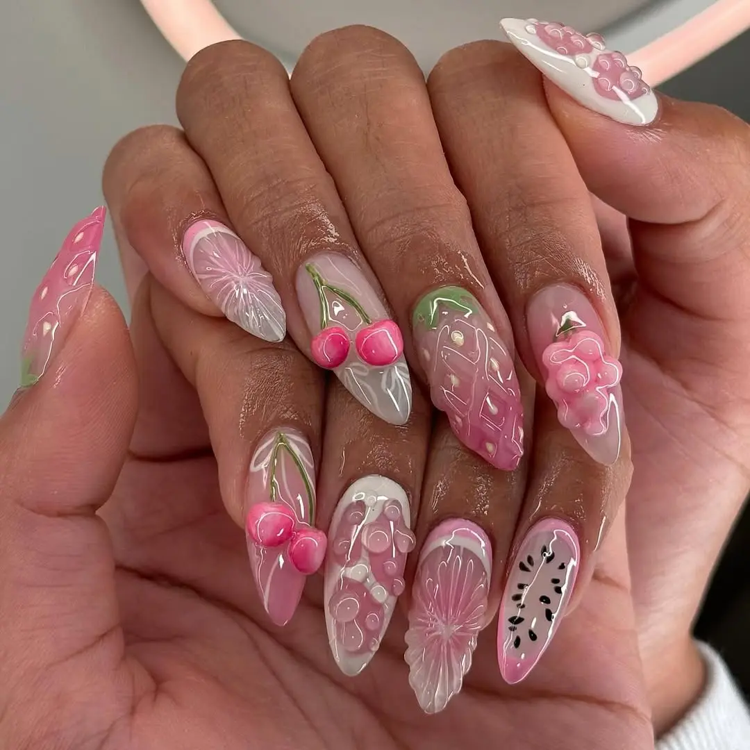 Vibrant Cherry and Floral 3D Nail Art