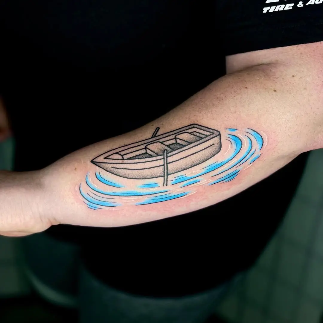 Minimalist boat tattoo with colorful waves