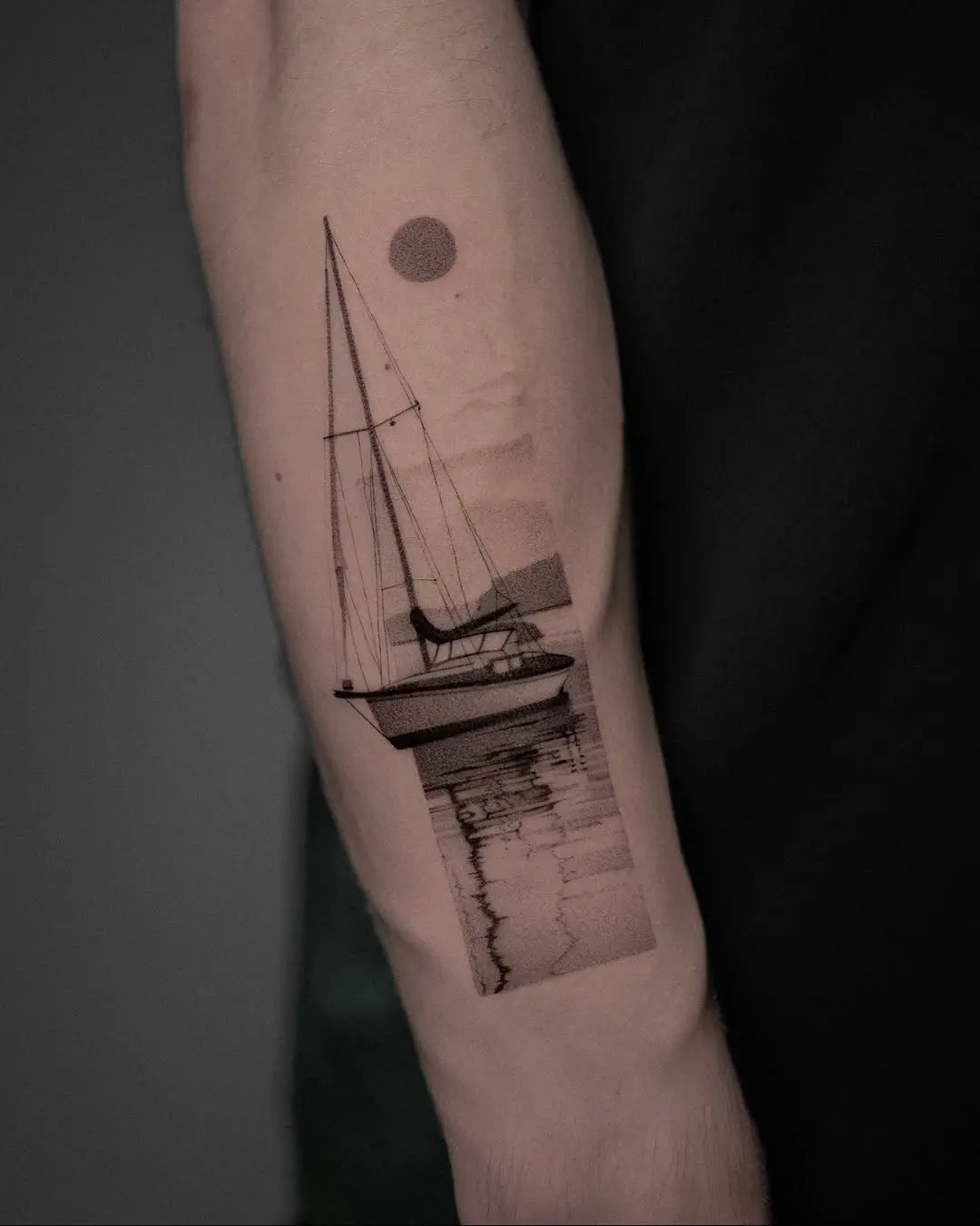 Elegant minimalist boat tattoo with sunset vibes