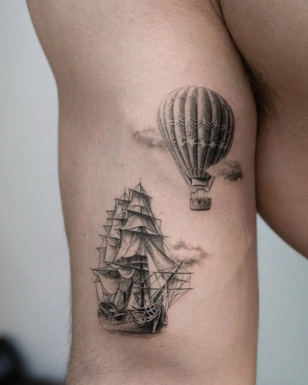 Vintage Ship and Hot Air Balloon Tattoo Design