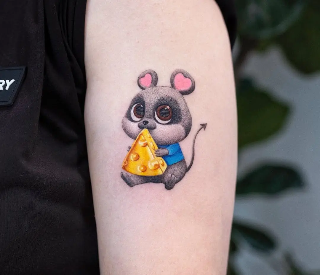 Whimsical mouse tattoo with cheese slice