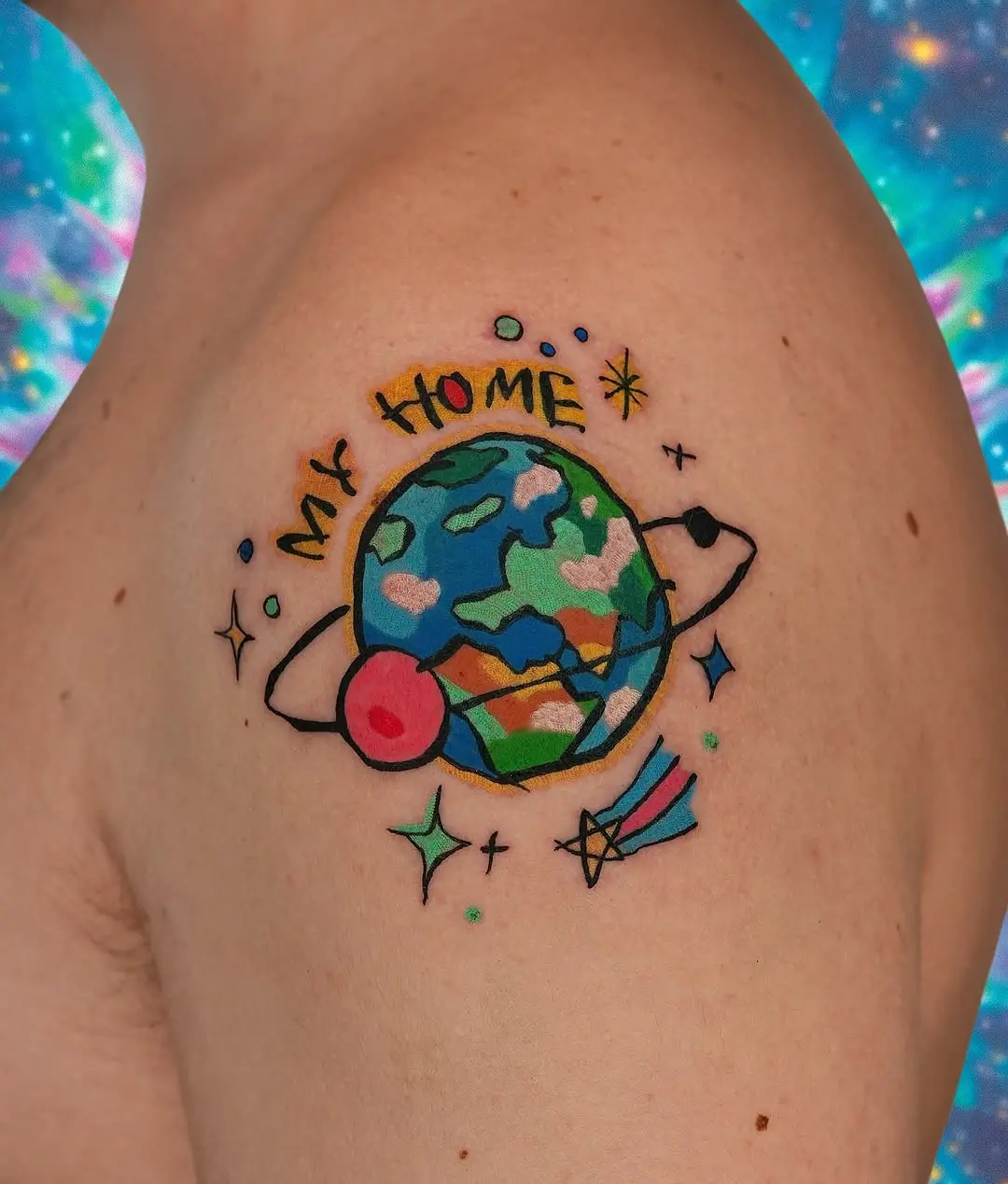 Colorful Earth Tattoo with Home Vibes