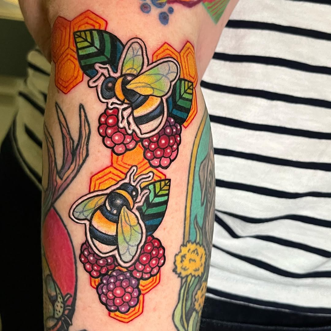 Vibrant bees amidst blooming floral designs