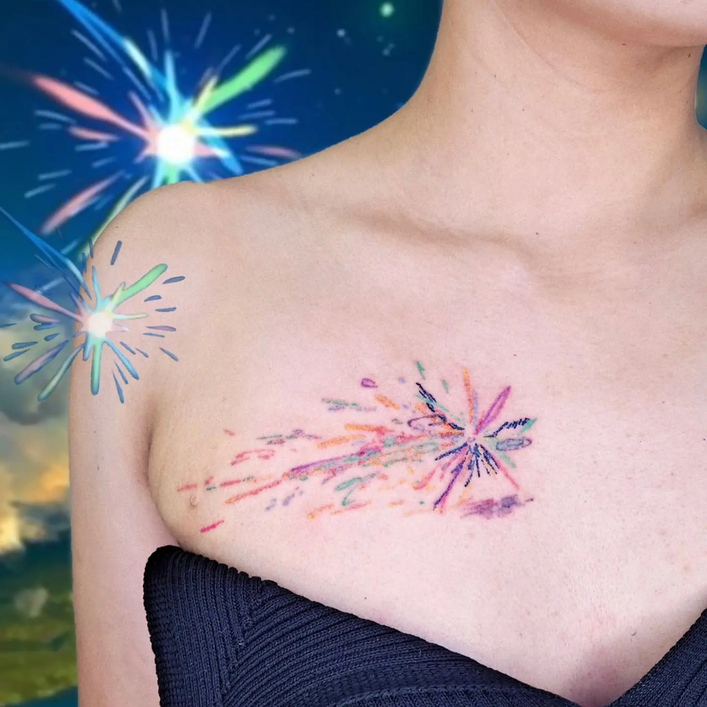 Vibrant shooting star tattoo with playful colors