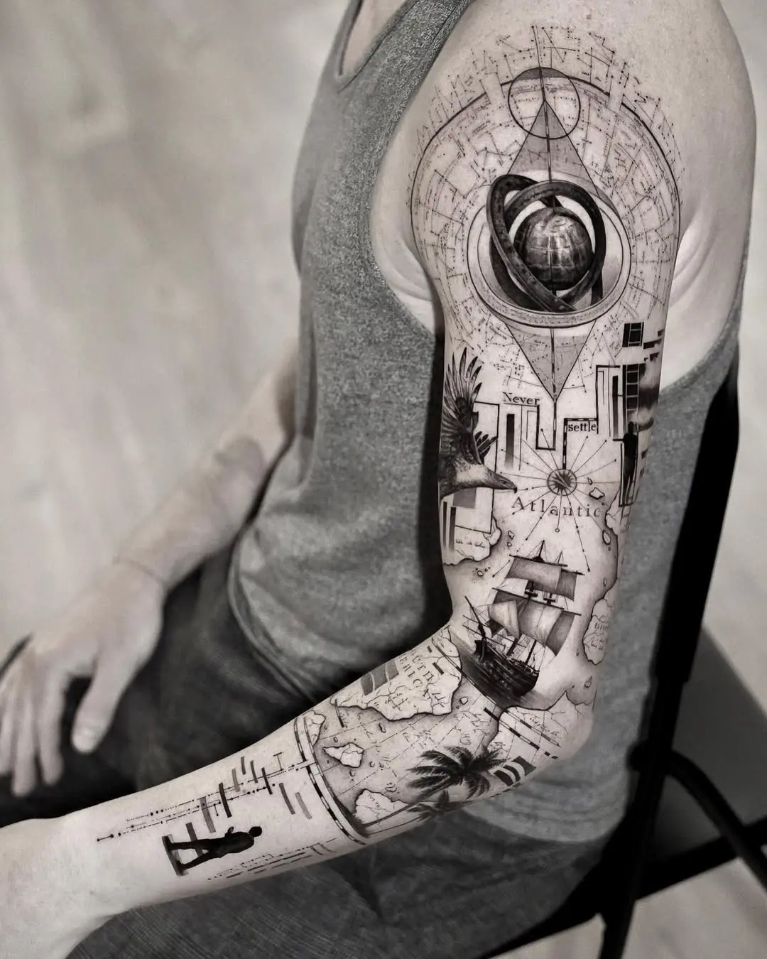 Stunning Full Arm Boat Tattoo Art