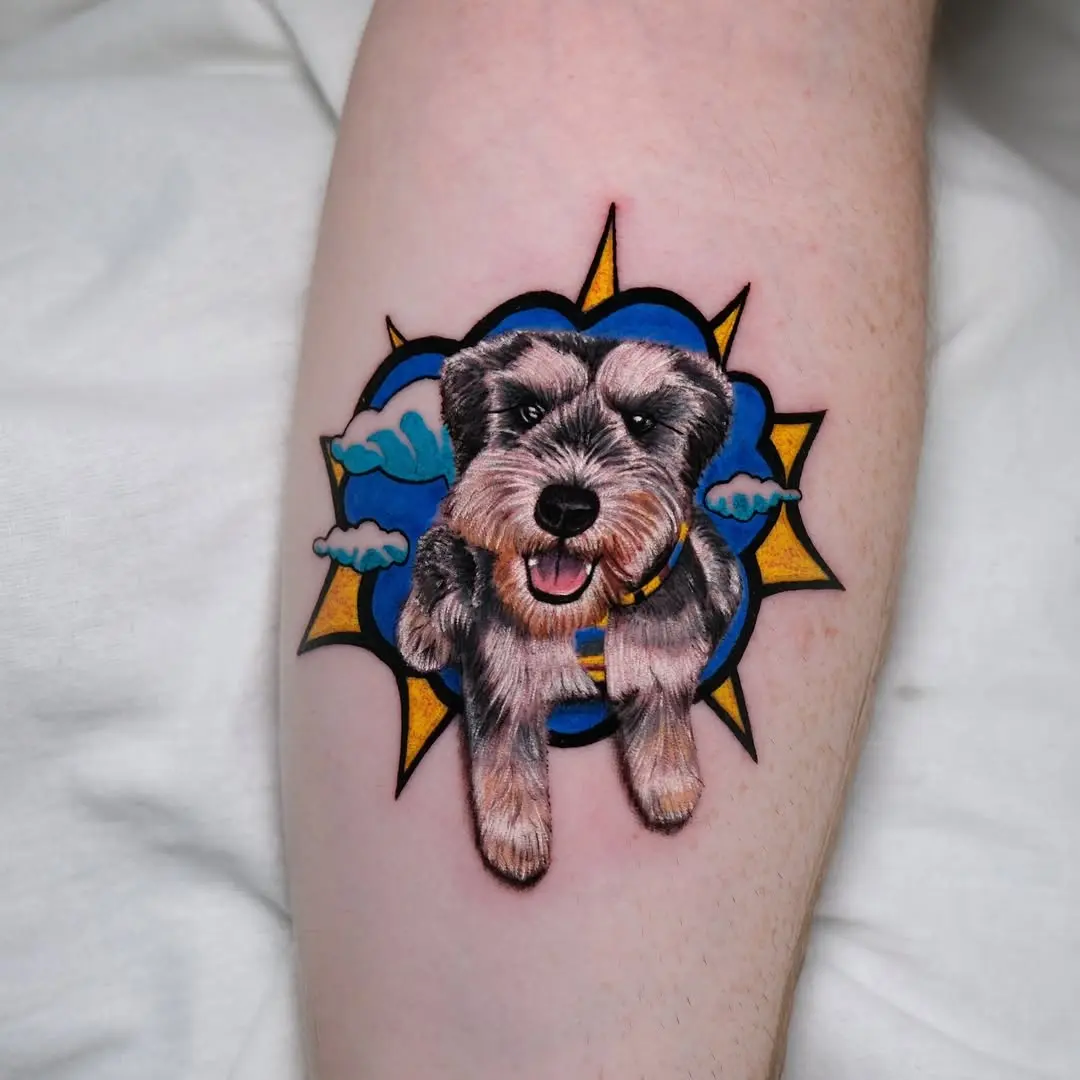Vibrant Pop Art Dog Tattoo Captivates Viewers