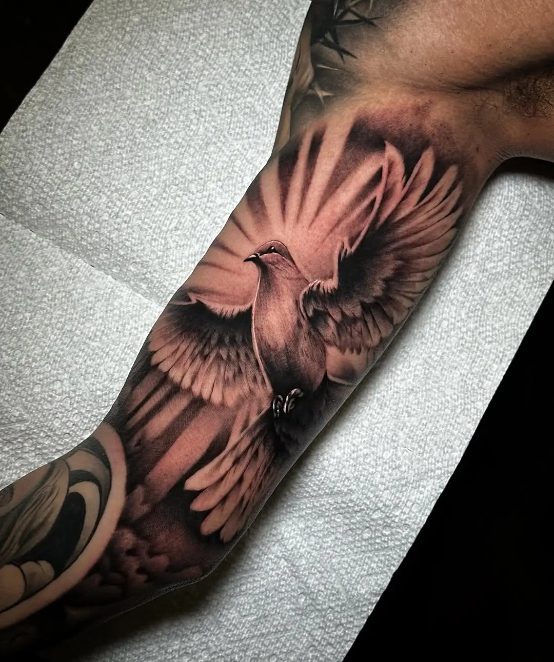 Stunning dove tattoo with dynamic wing details