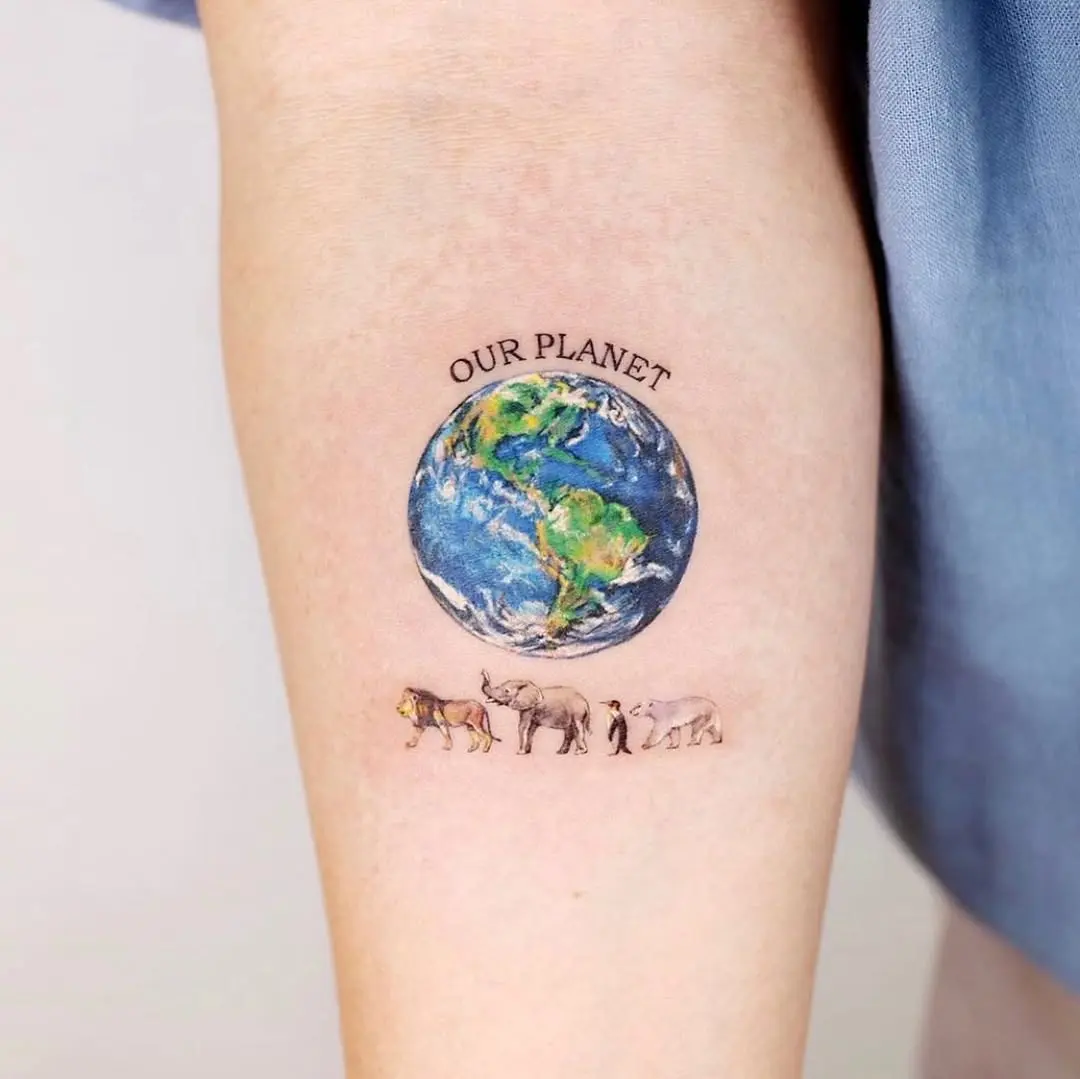 Vibrant Earth Tattoo with Animal Companions