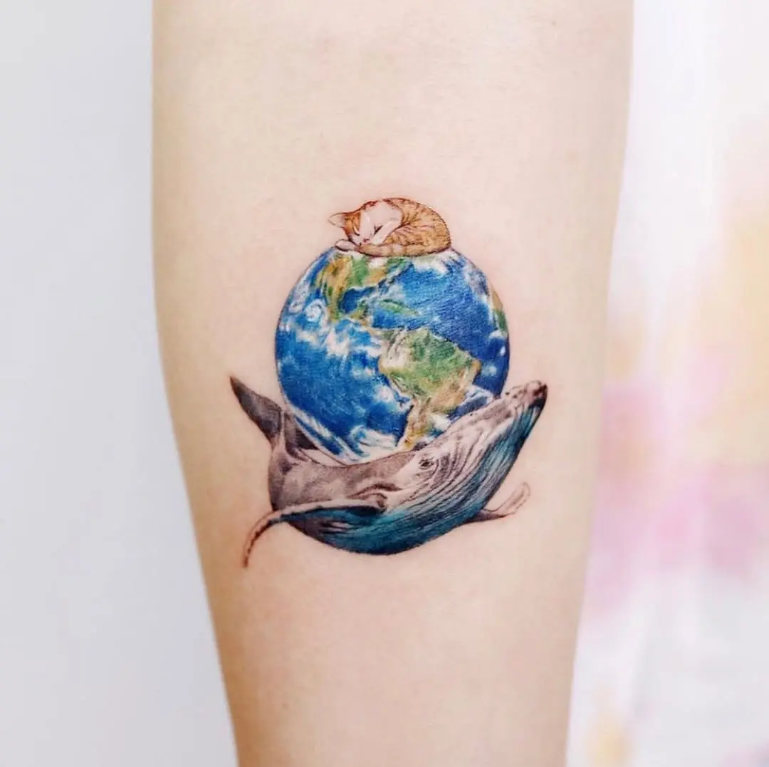 Intricate Earth Tattoo with Cat and Whale