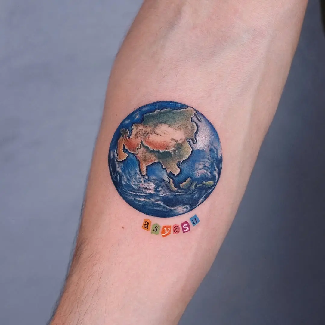 Vibrant Earth Tattoo Emphasizing Asian Continent