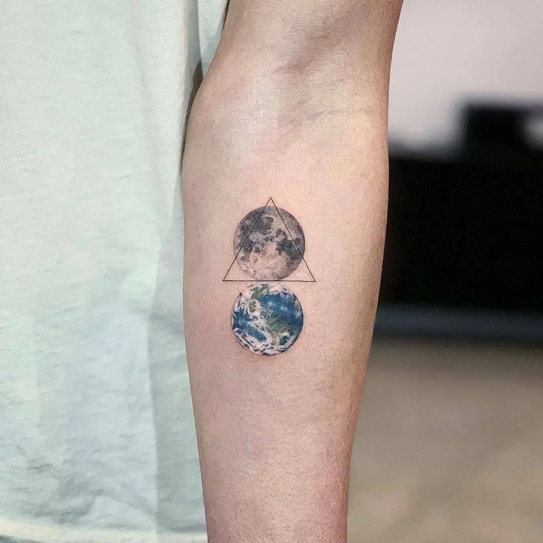 Geometric Earth and Moon Tattoo Design