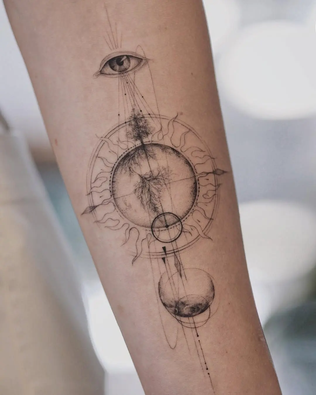 Cosmic Earth Tattoo with Eye and Celestial Elements