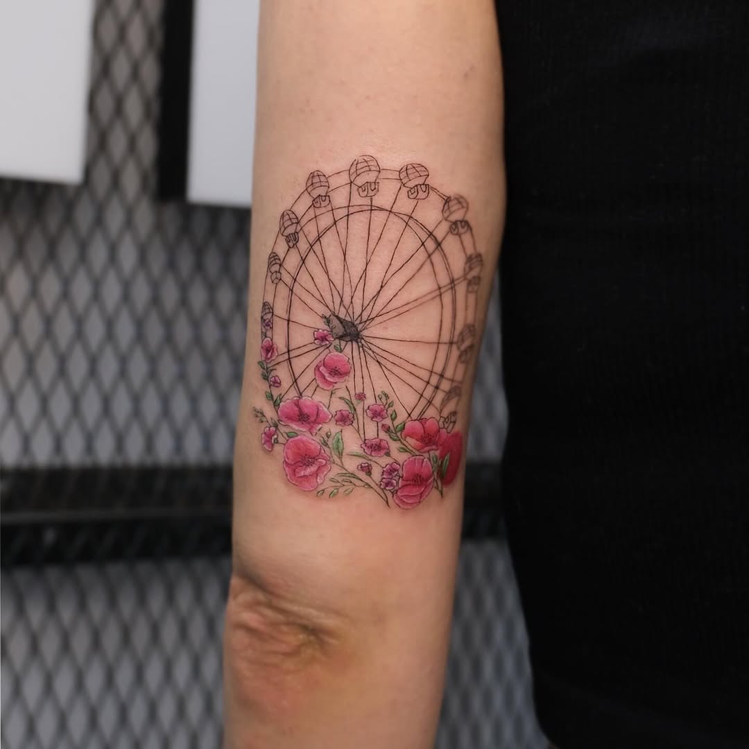 Whimsical Ferris Wheel Tattoo with Floral Accents