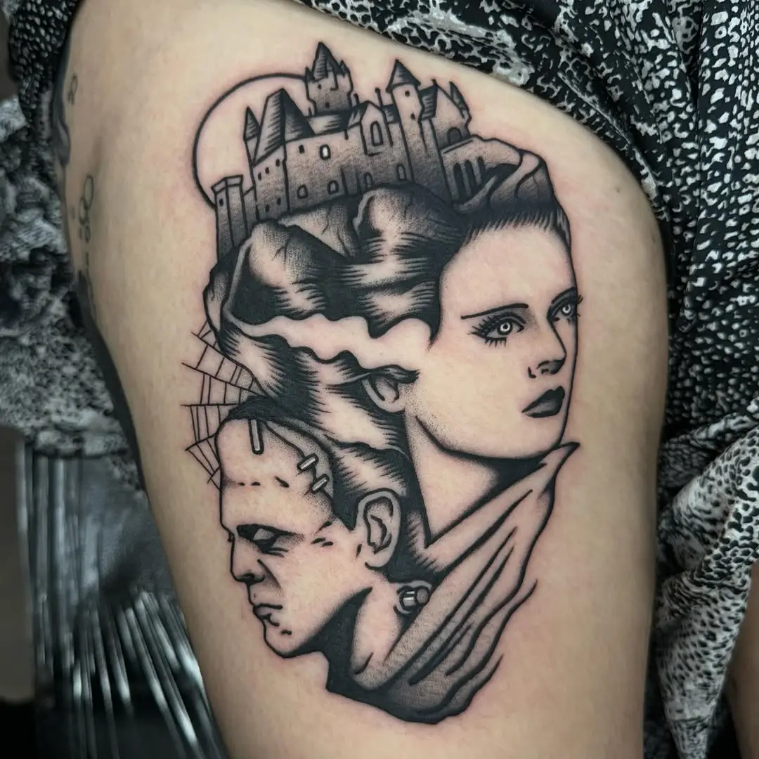 Classic Frankenstein tattoo with iconic characters.