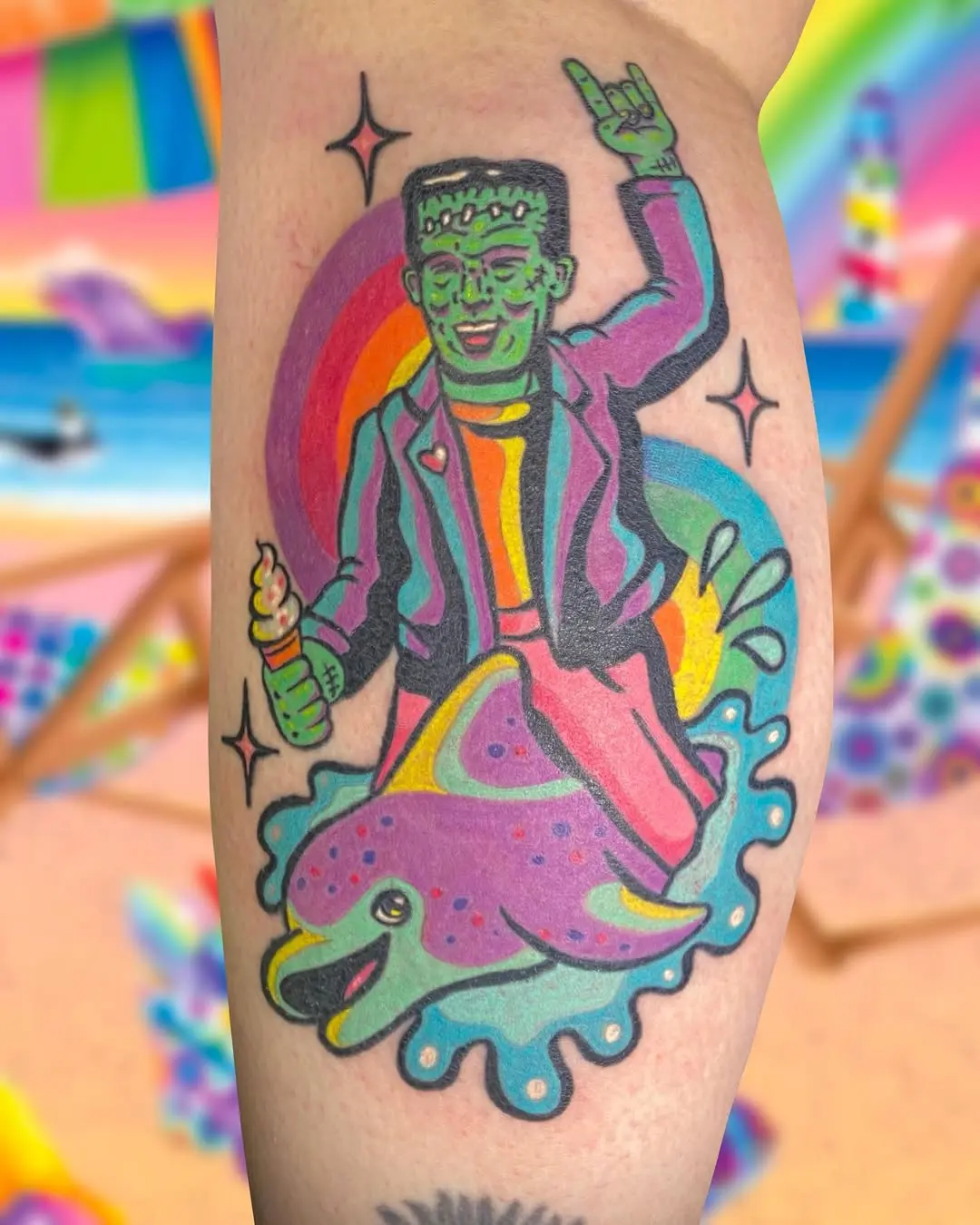Colorful Frankenstein Tattoo with Whimsical Vibes