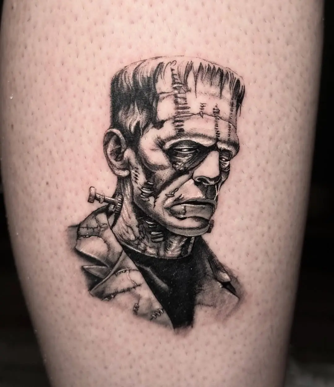 Realistic Frankenstein tattoo with detailed shading
