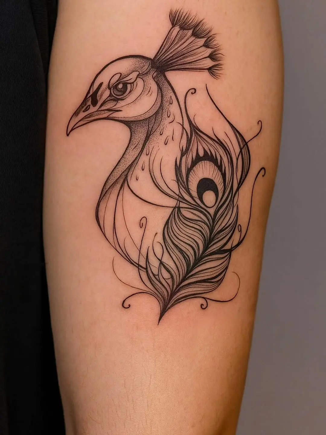 Elegant blackwork peacock tattoo on skin