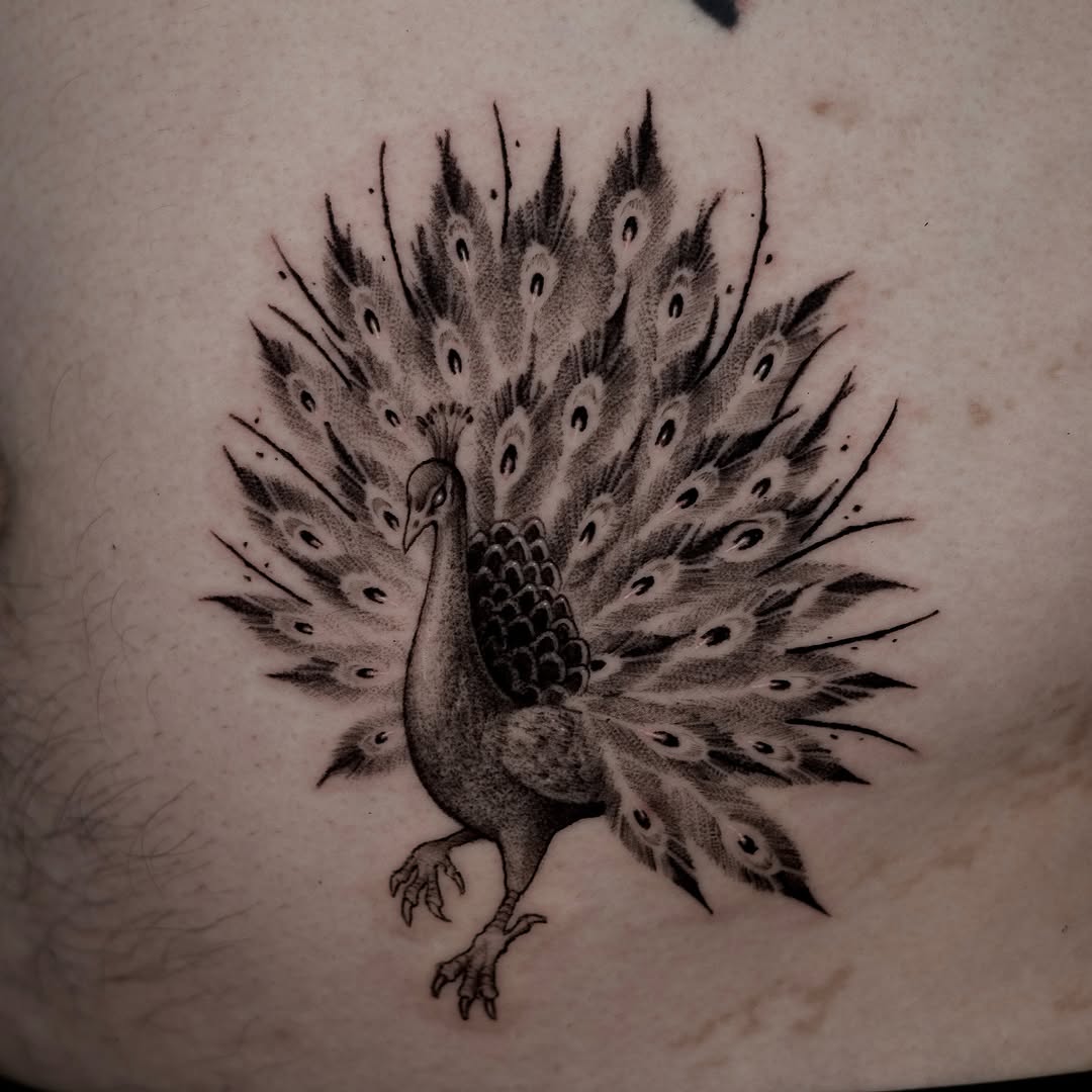 Majestic peacock tattoo with intricate feather details