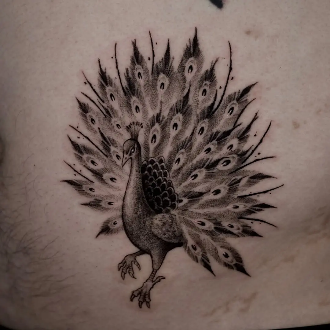 Majestic peacock tattoo with intricate feather details