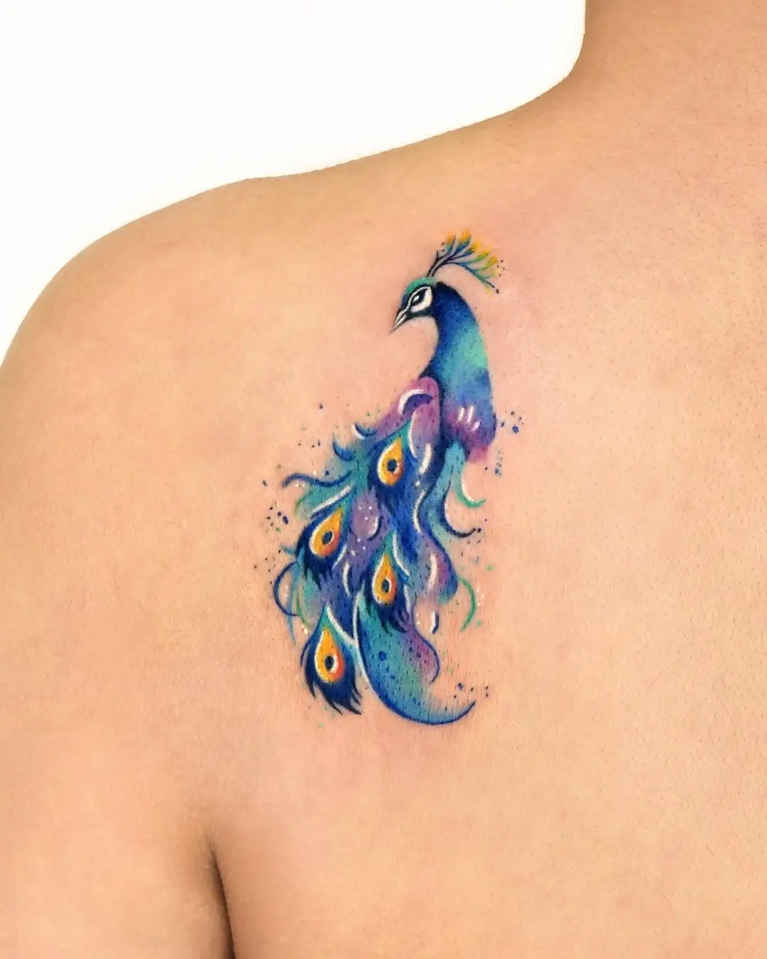 Vibrant peacock tattoo showcasing intricate artistry