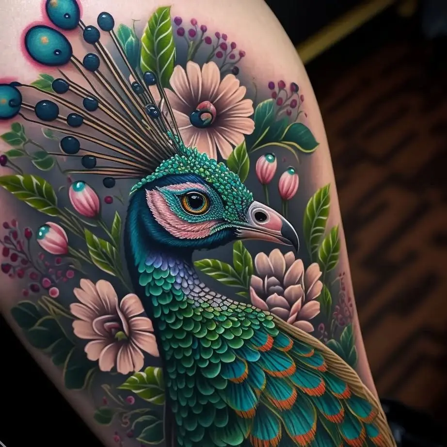 Stunning peacock tattoo with floral elements