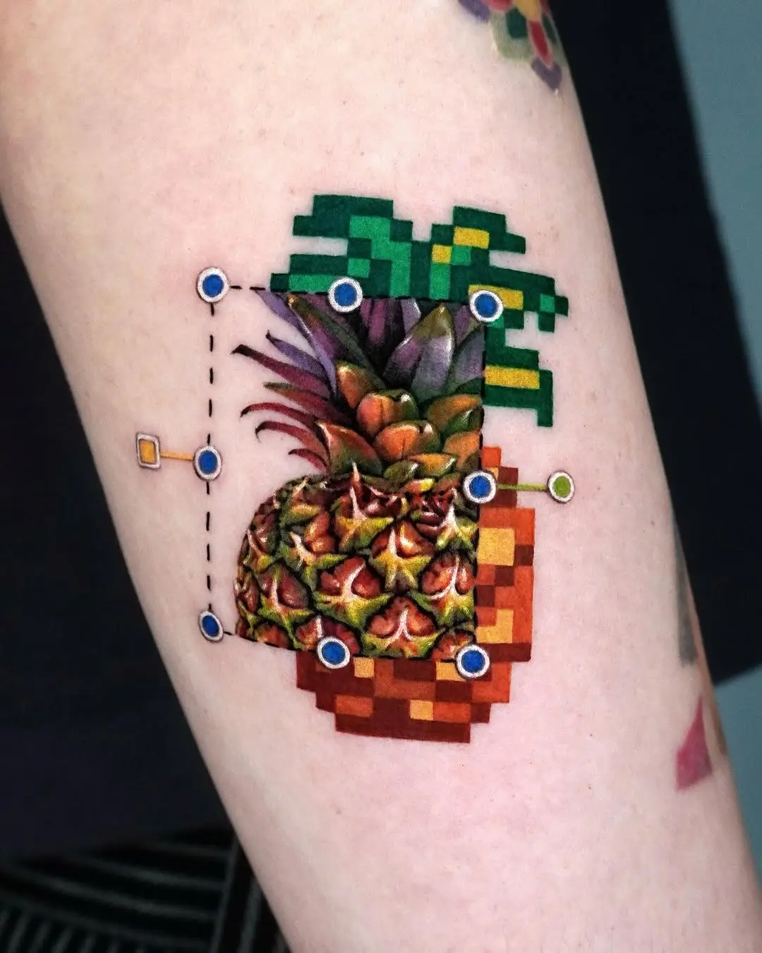 Vibrant pixel art pineapple tattoo design