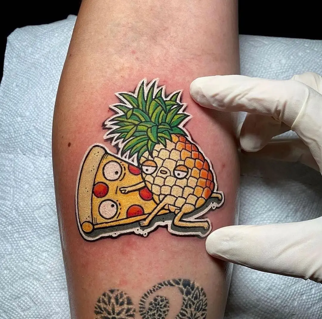 Whimsical tattoo of pizza and pineapple character