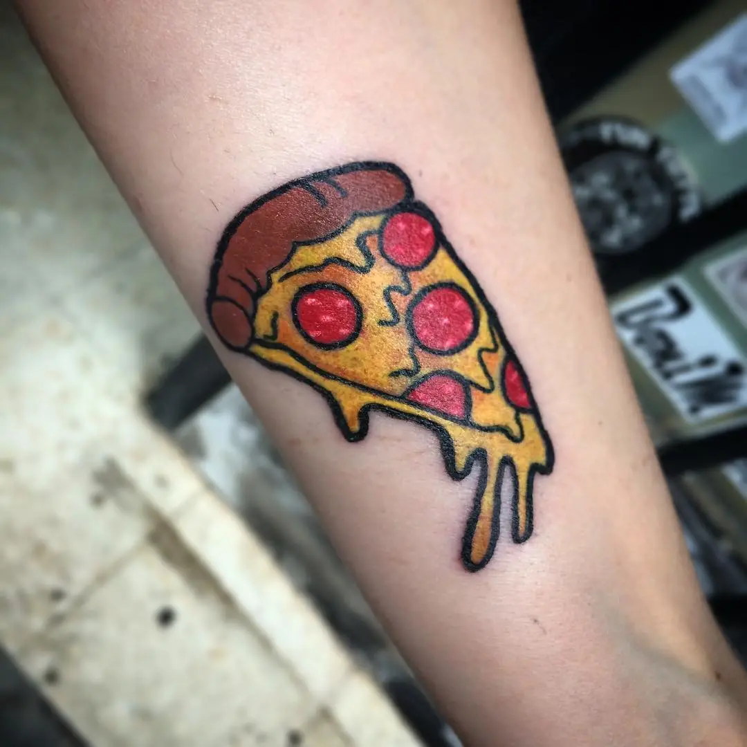 Whimsical pizza tattoo celebrates cheesy goodness