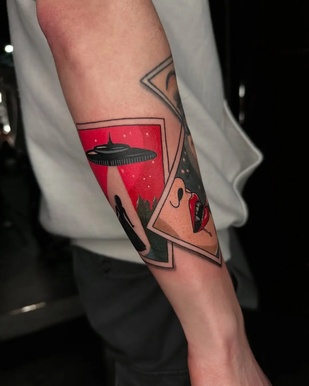 Vibrant space-themed pop art tattoo design