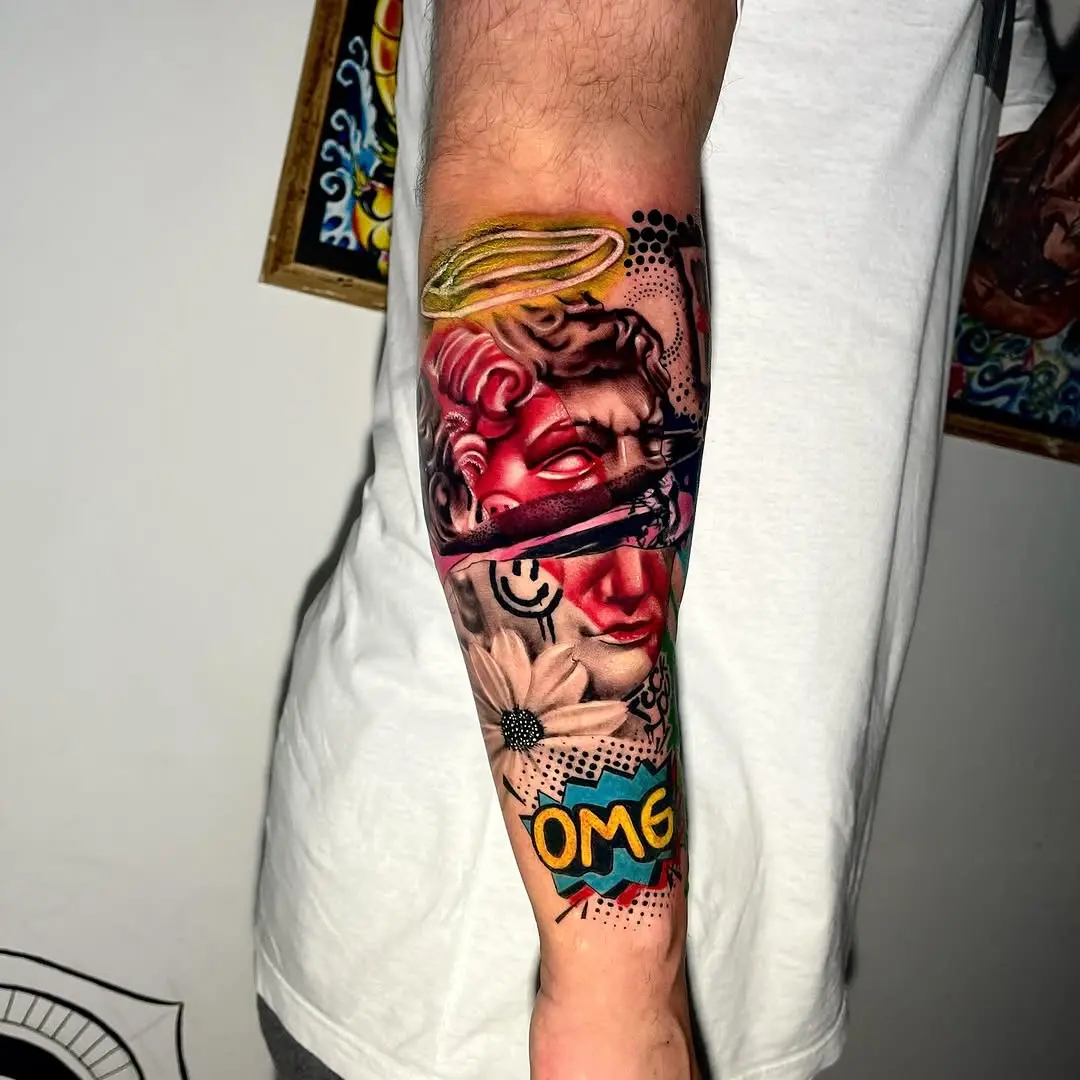 Vibrant pop art tattoo with classic imagery