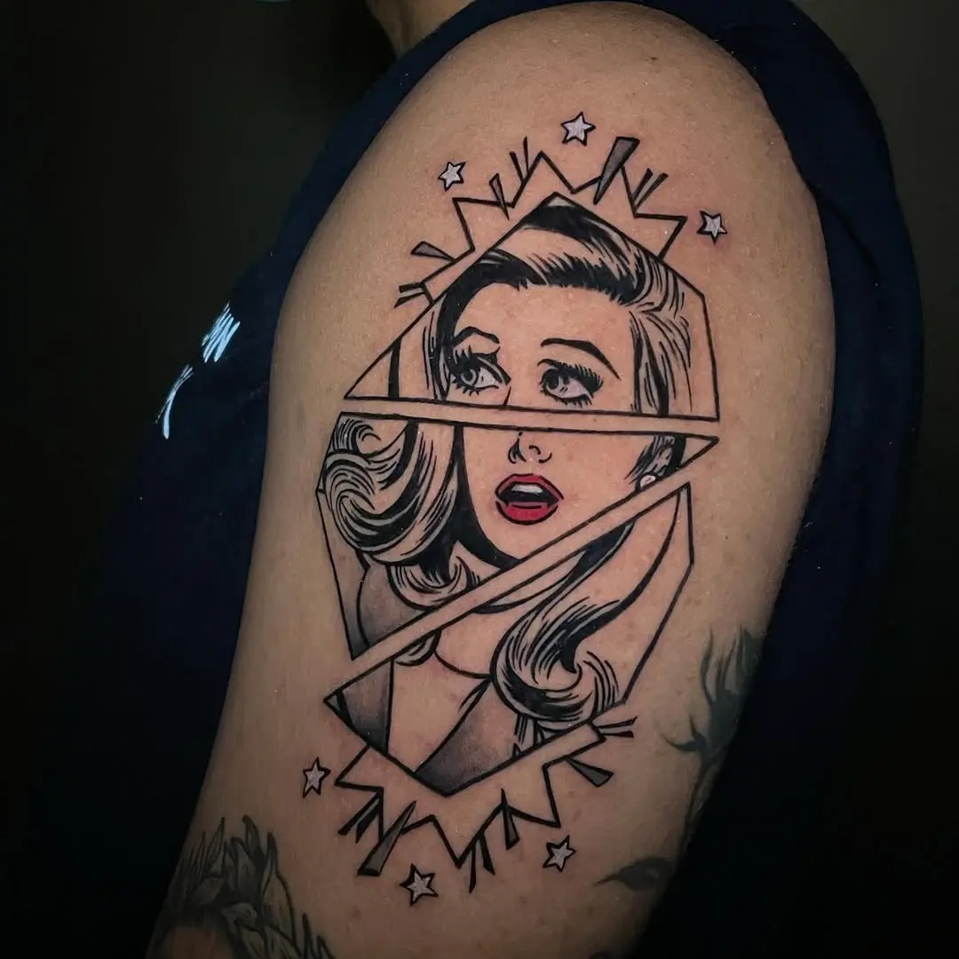 Expressive pop art tattoo featuring a surprised woman