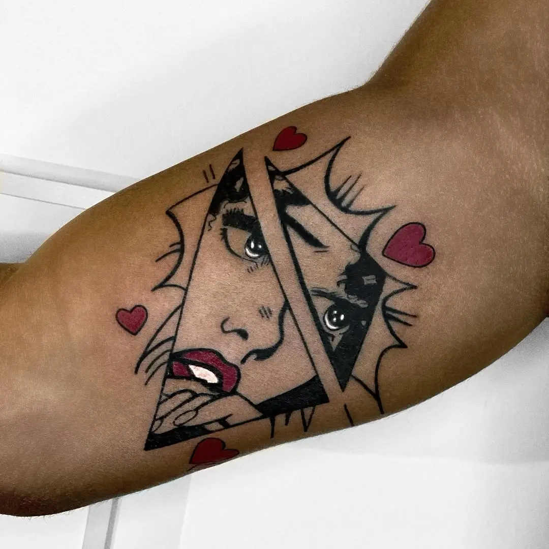 Vibrant pop art tattoo with heart accents