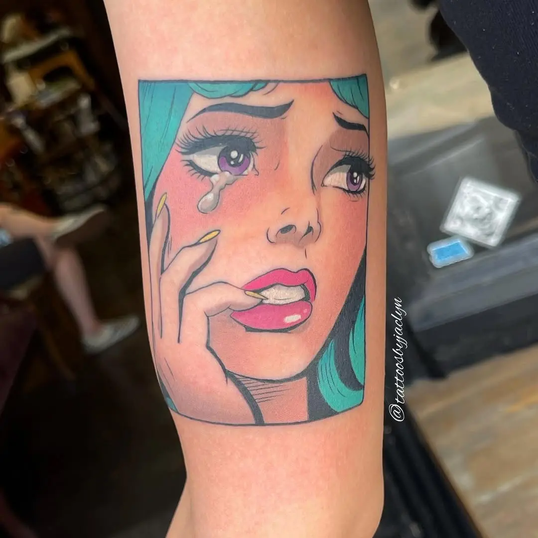 Vibrant Pop Art Tattoo of a Crying Woman