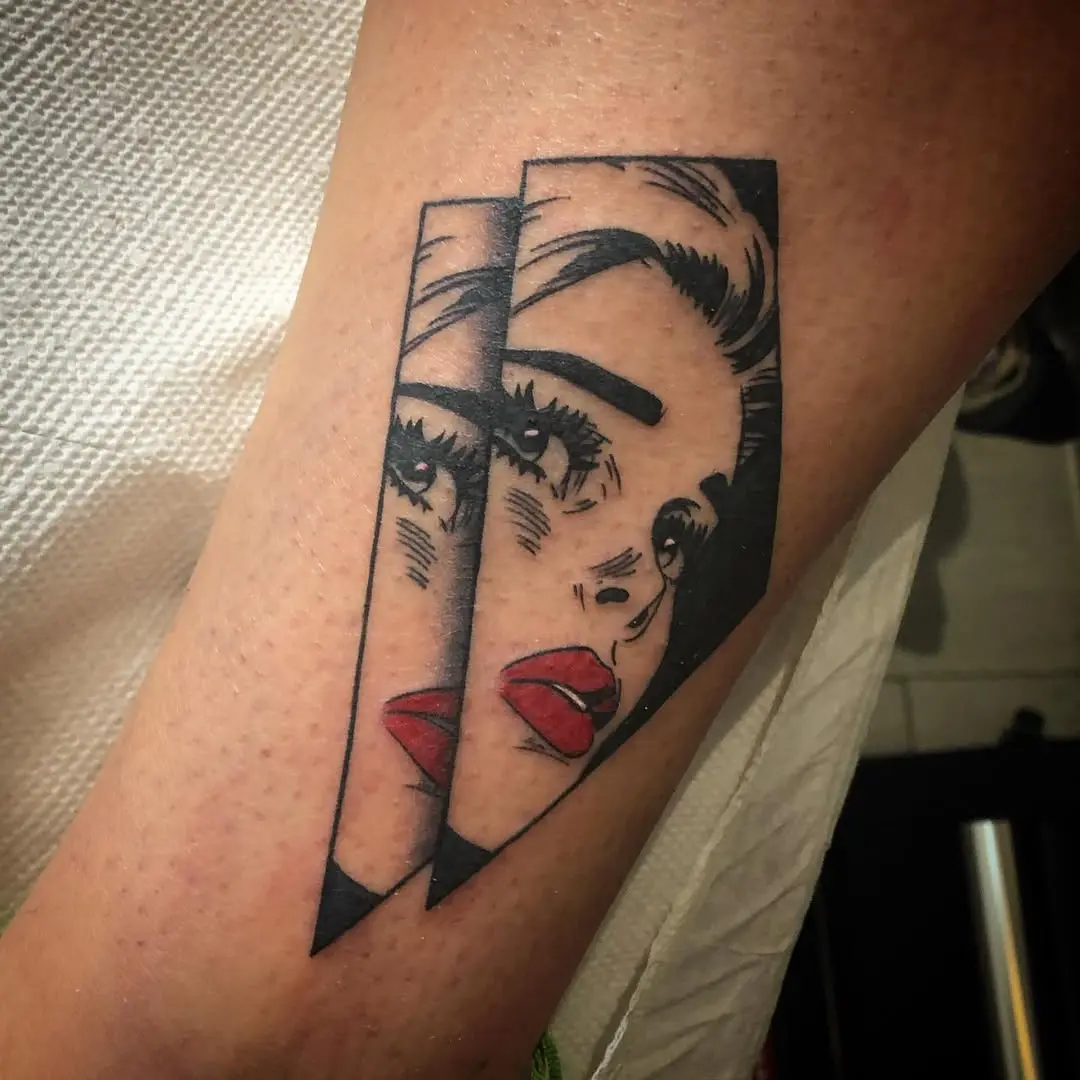 Striking pop art tattoo of a woman's visage