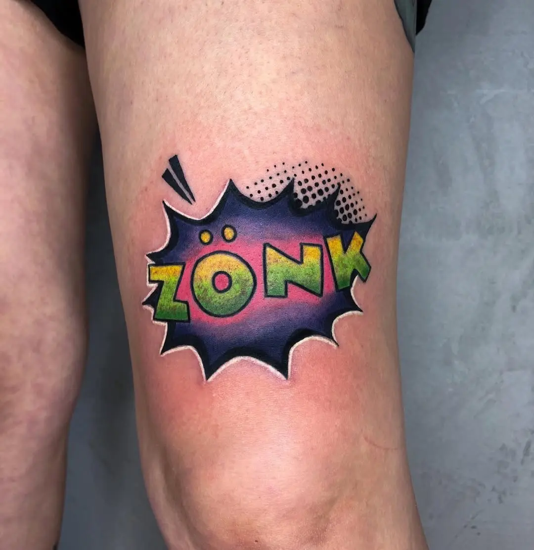 Vibrant comic-style 'ZONK' pop art tattoo