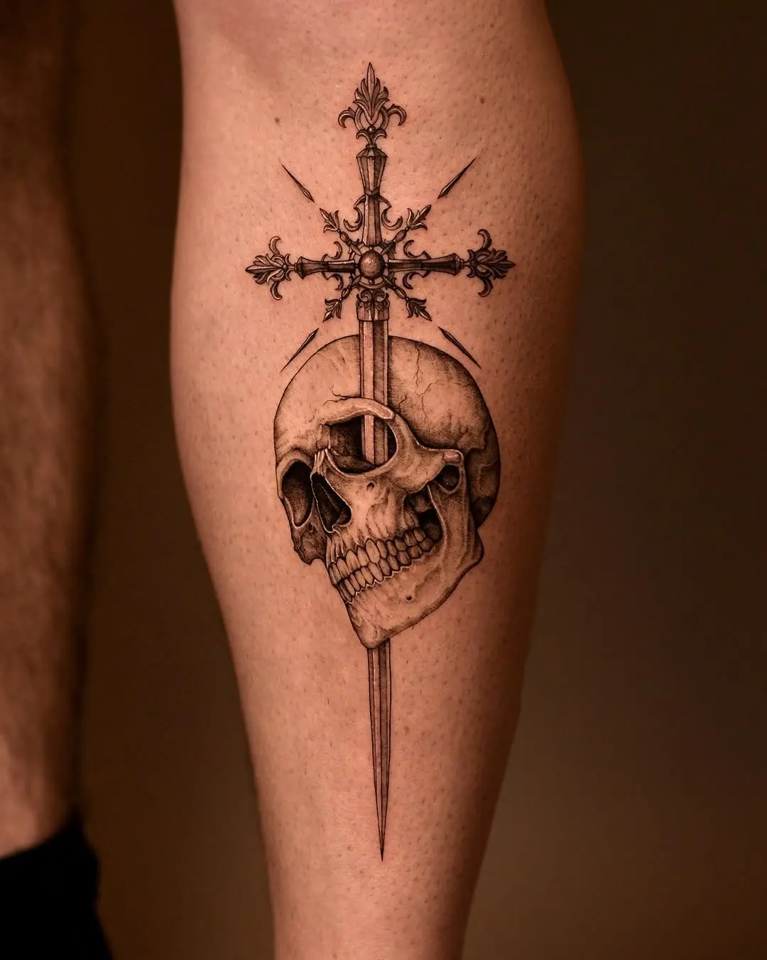 Intricate skull and cross tattoo on the shin