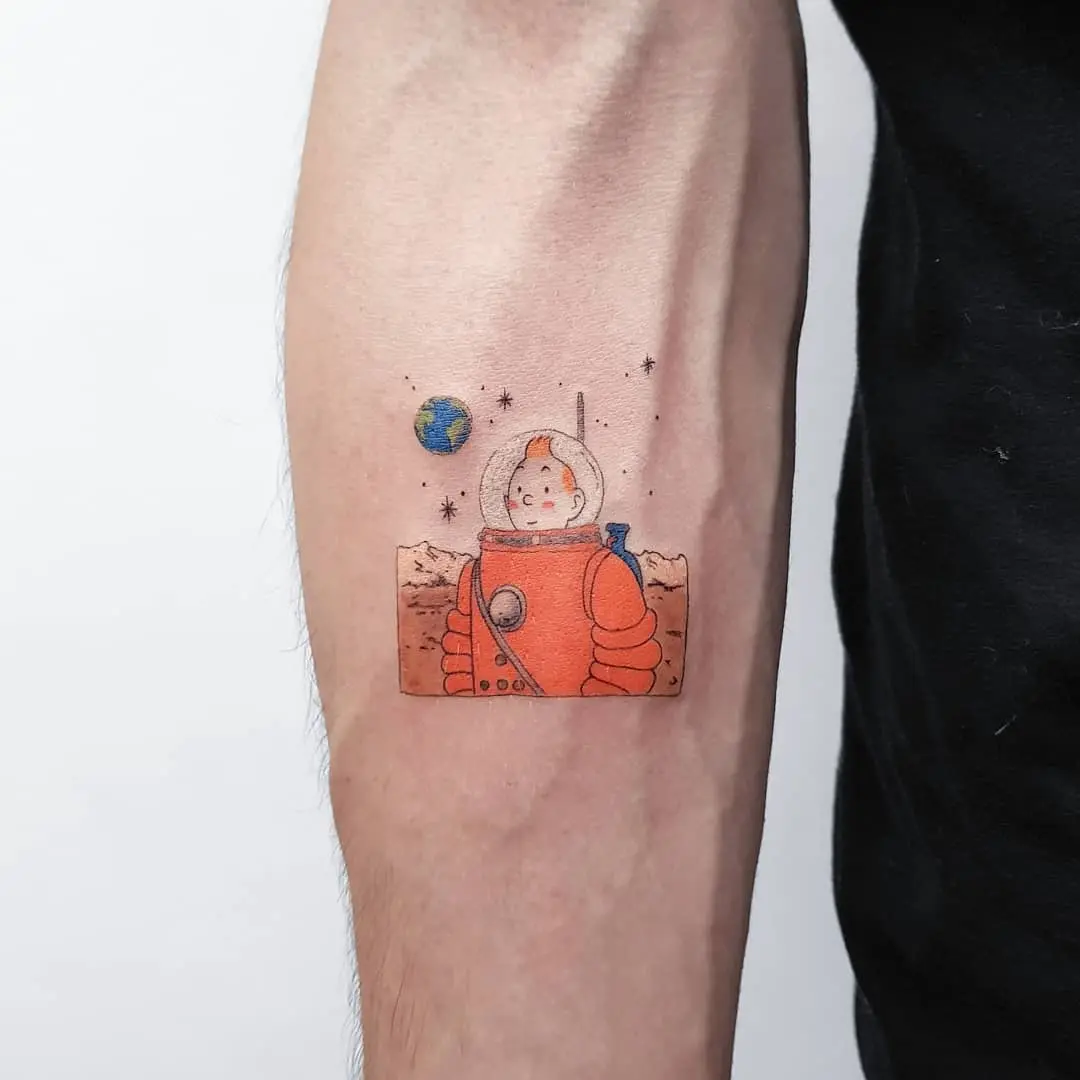Colorful astronaut tattoo exploring Earth