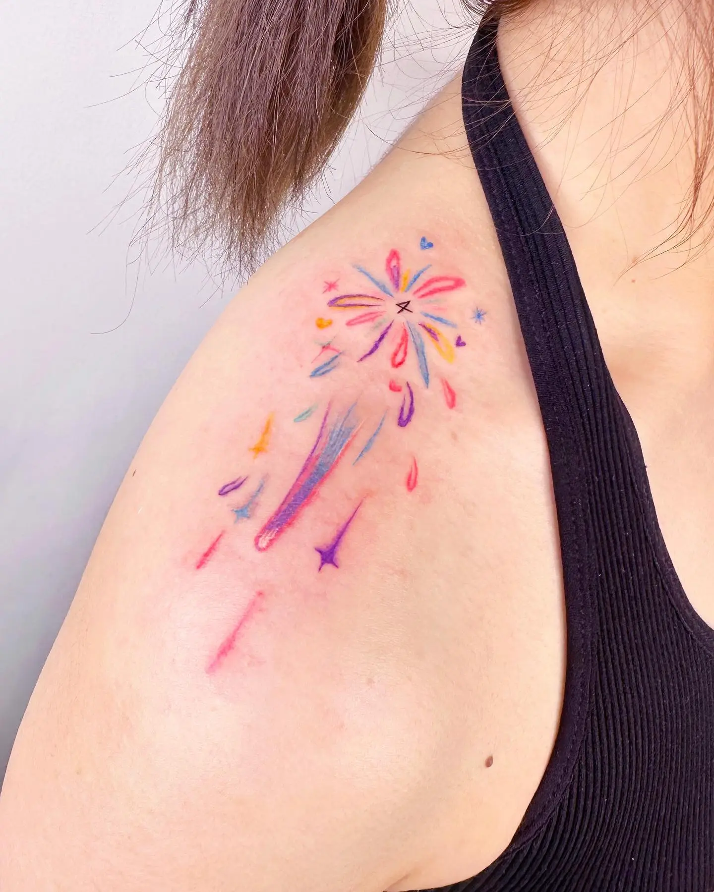 Colorful Shooting Star Tattoo Design on Shoulder