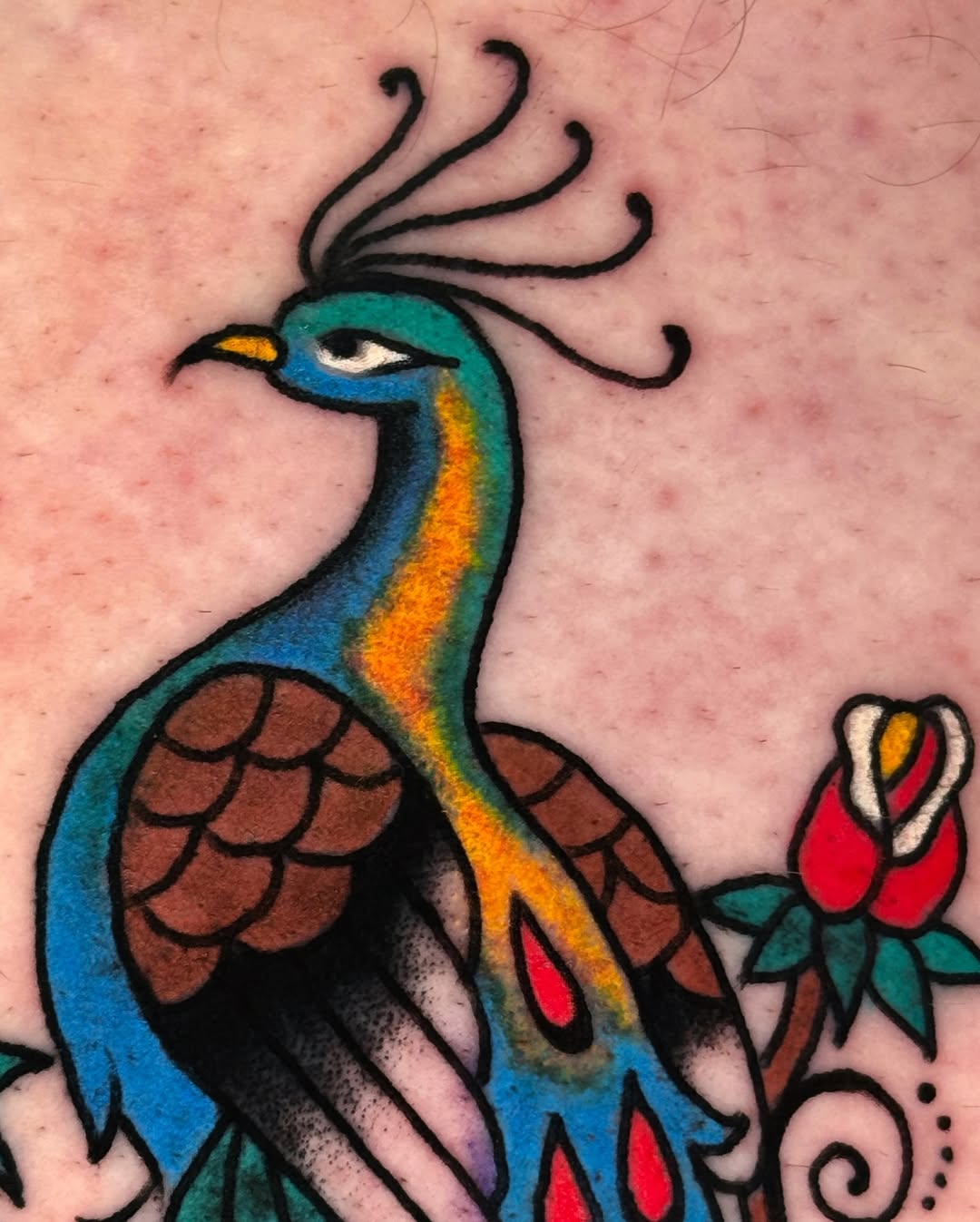 Colorful peacock tattoo with floral elements