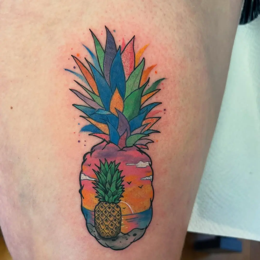Bright pineapple tattoo with sunset hues