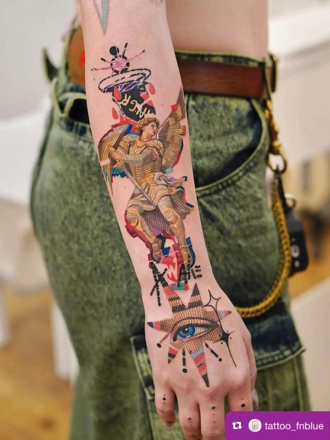 Bold pop art tattoo with cultural flair